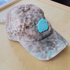 JJH1T Stunning Hand-Painted Leopard Suede Baseball Cap w/ Turquoise-Ivory